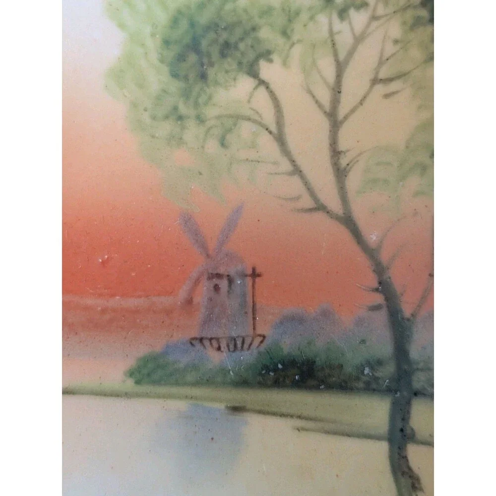 Hand Painted Vtg Nippon Oval Trinket Dish Windmill Orange Green Sunset Gold Trim
